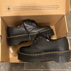 Dr. Martens Black Platform 3-Eye Shoes with Yellow Stitching